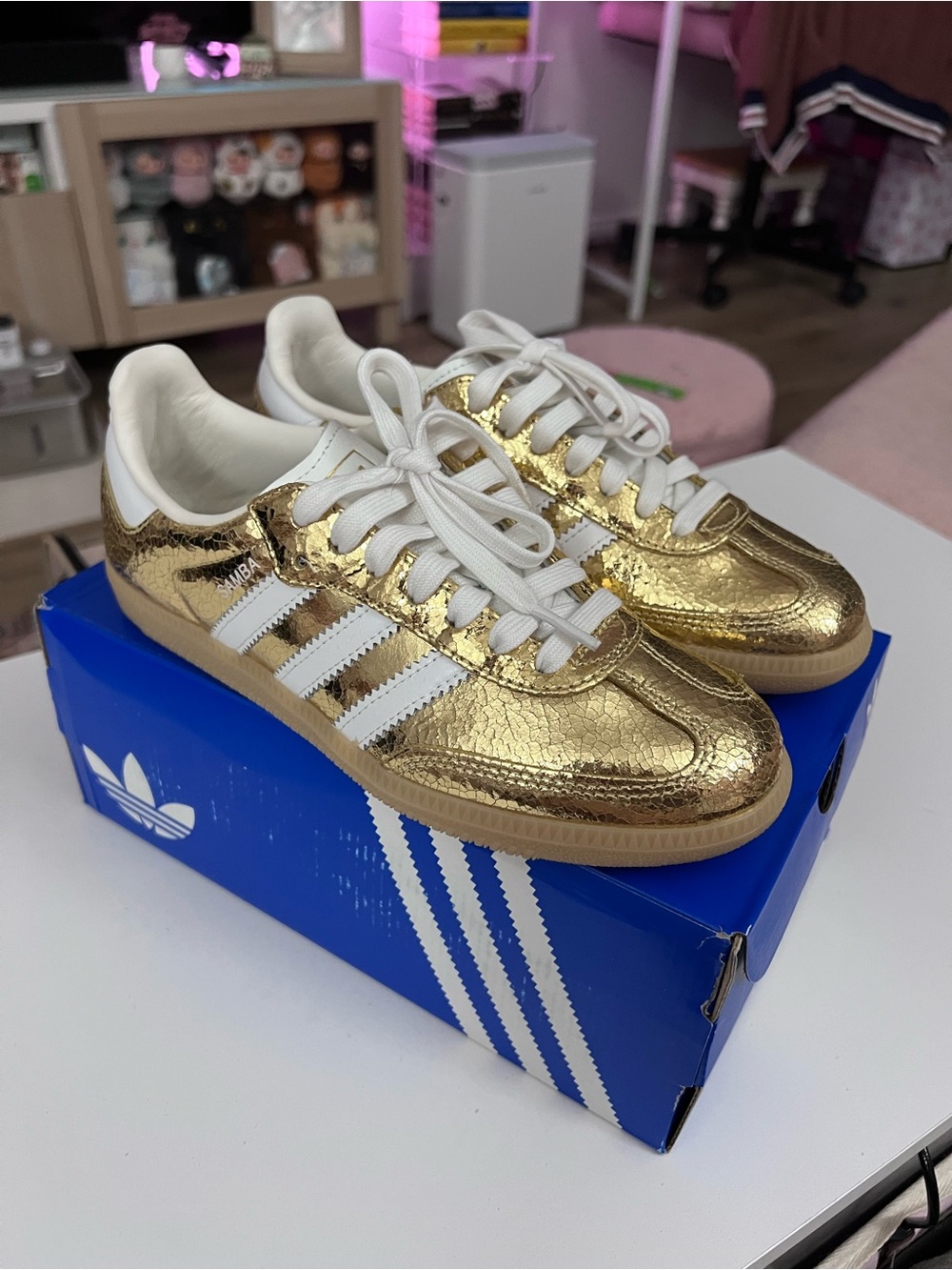 adidas Gold Metallic Samba Sneakers with White Stripes - Picture 2 of 7